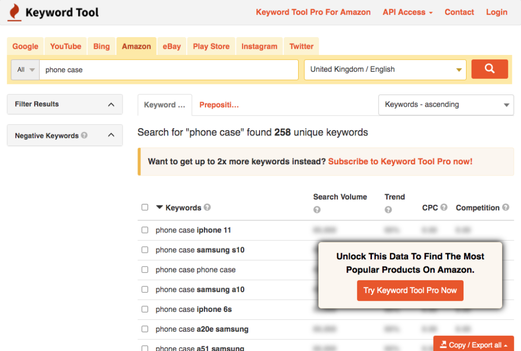 Keyword tool phone case search amazon